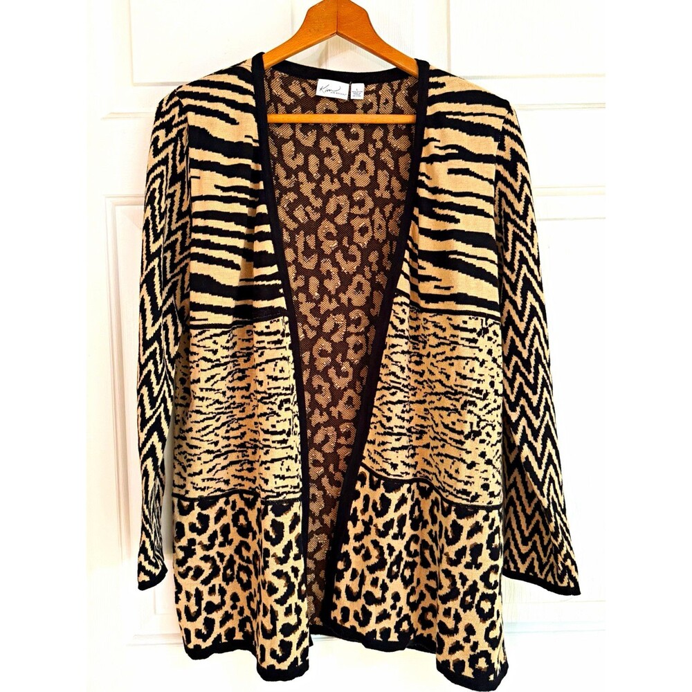 Kim Rogers Women’s L Open Front Animal Print Knit Cotton Cardigan Black Beige